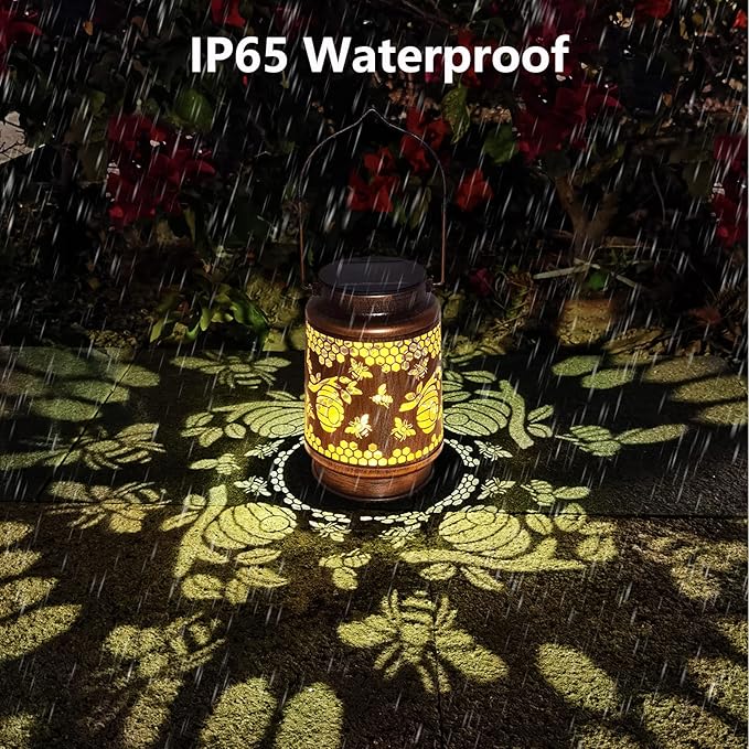 Solar Lanterns Outdoor Hanging Honeybee Decor Lantern,Waterproof Hollow Out Retro Metal Decorative Garden Light,Graceful Decoration for Patio,Yard,Landscape,Walkway,Festival