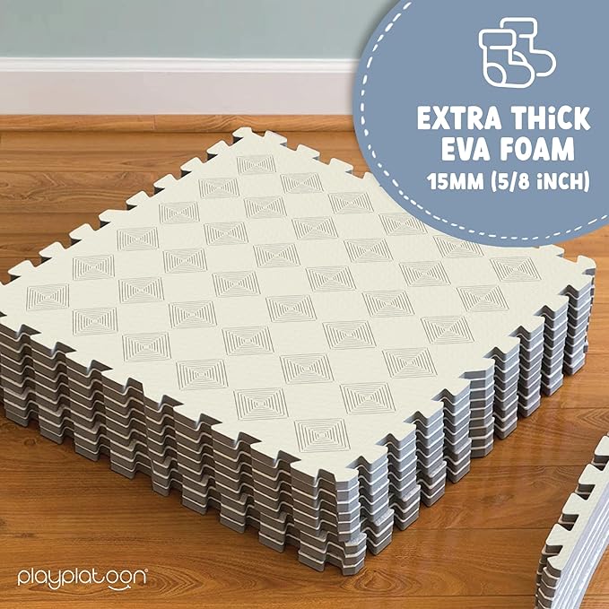 Play Platoon Large Kids Mats for Floors, 9 Tile 72 x 72 inch, Extra-Thick Interlocking Tiles, 24 x 24 in. Puzzle Mat Pieces with Border, Non-Toxic, Neutral Playmat Rug for Toddlers & Children