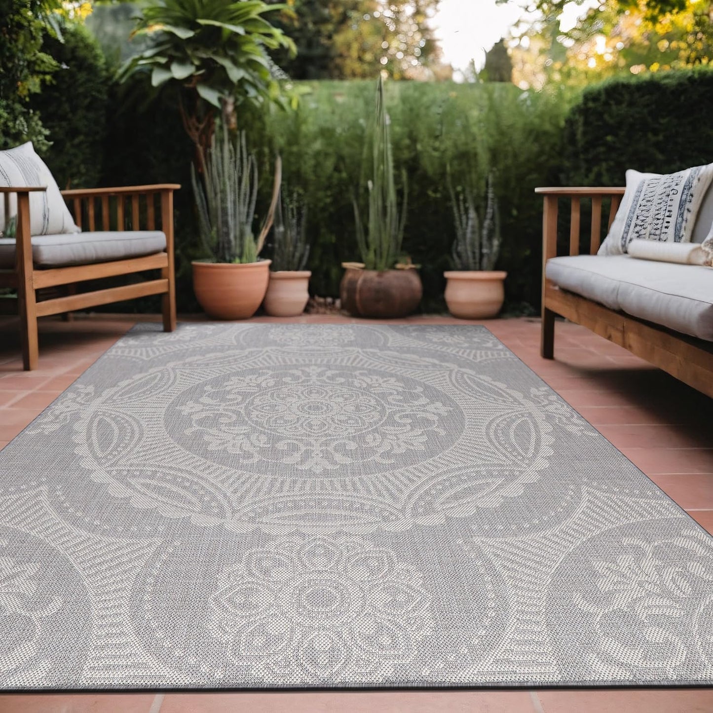 Medallion Outdoor Rug 6x9 Washable Outside Carpet for Indoor Patio Porch Waterproof Easy Cleaning Non Shedding Area Rugs Gray 6 x 9