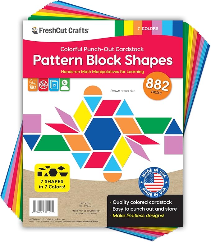 882 Pcs Pattern Block Shapes Math Manipulatives for Learning Multicolor Triangles, Squares, Hexagons, and more Easy-Punch Paper Shape Cutouts in 7 Bright Colors US Made Card Stock
