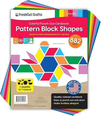 882 Pcs Pattern Block Shapes Math Manipulatives for Learning Multicolor Triangles, Squares, Hexagons, and more Easy-Punch Paper Shape Cutouts in 7 Bright Colors US Made Card Stock