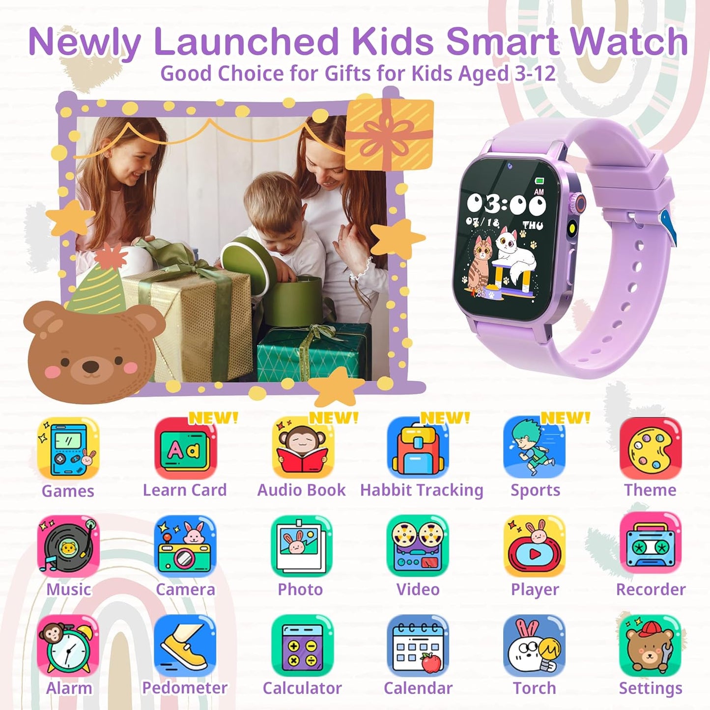 Kids Smart Watches Girls Gift for Age 5-12, Watch for Kids with 32 Games HD Touch Screen Video Camera Pedometer Music Player Flashlight 12/24 hr Toys for 5 6 7 8 9 Year Old Girl Birthday Gift