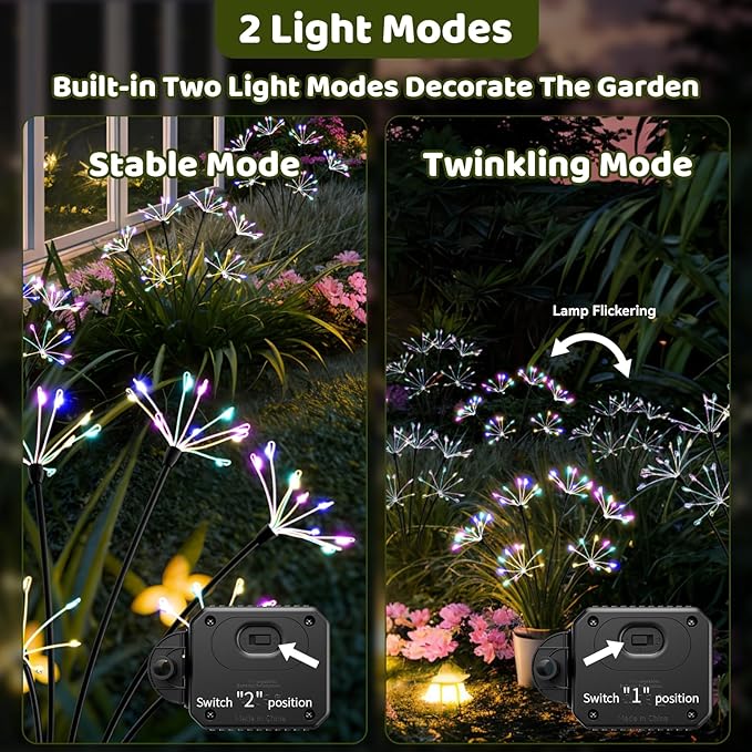 Solar Garden Lights 4 Pack, 240LED Flickering Firework Lights with 2 Light Modes, Waterproof Solar Lights for Pathway Yard Outdoor Garden Decor, Flower Lights for Women Mother’s Day, Multiple Colors