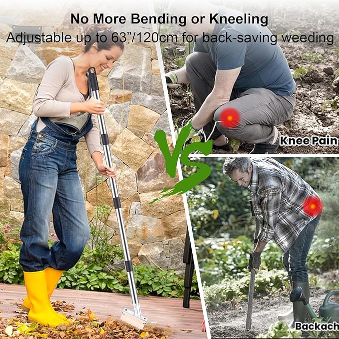 Long Handle Crack Weeder Tool Set with Adjustable 63 inch Handle, 2-in-1 Stainless Steel Crevice Weeding Tool & Brush for Weed and Moss Removal from Patios, Driveways, Sidewalk Cracks