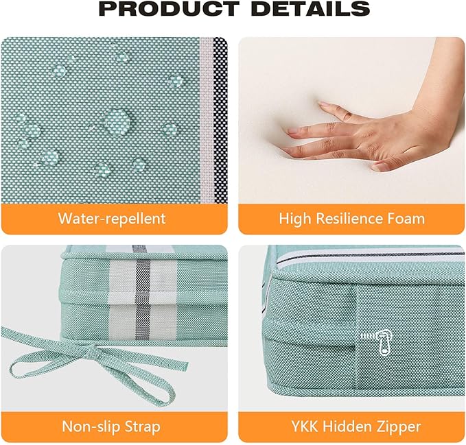 Square Corner Seat Cushions, 18.5" x 16" x 3", Set of 4, Indoor Outdoor Water Repellent Universal Chair Pads with Ties for Patio Furniture, Garden Deck Dining Chairs, Aqua Stripe
