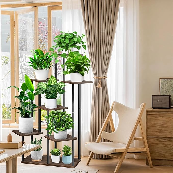 7 Tier Wood Tall Plant Stand Metal Rack Indoor, Multiple Flower Pot Holder Shelves Corner Rack, Planter Shelf Display Rack Storage Organizer for Patio Living Room Balcony Garden(Black Oak)