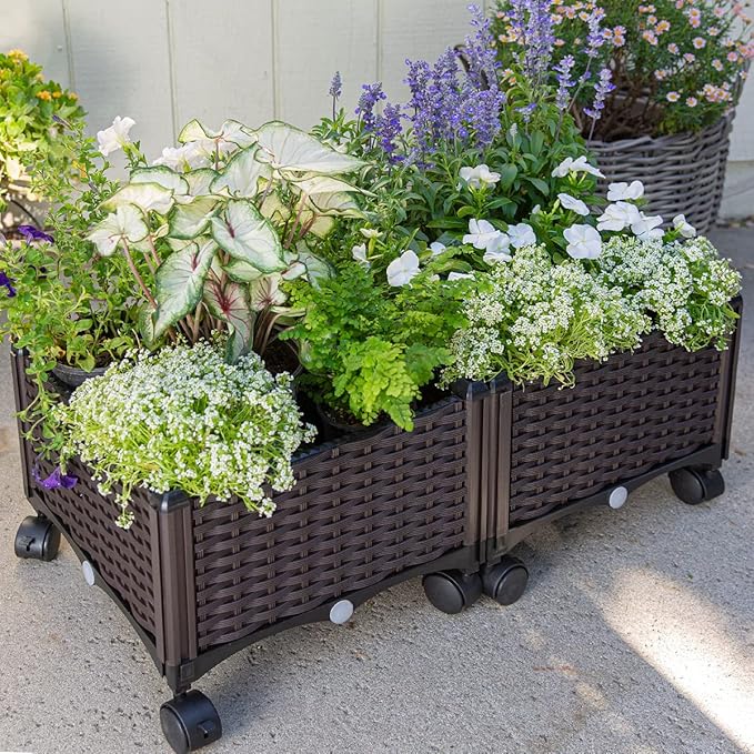 Barton 2 Pieces Rolling Garden Bed Brown Plastic w/Self-Watering Design Outdoor Elevated Planter Box Kit Wheels Mobile