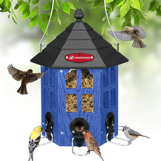 Kingsyard Wild Bird Feeder for Outdoor Hanging, Recycled Plastic Bird Feeders with 6 Ports & U-Shape Perch, Garden Yard Outside Decoration, 3.5 lbs Seed Capacity, Blue