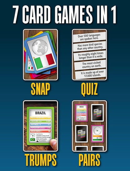 Countries, Gift, Stocking Stuffer, Travel Game, 7 Games in 1, Pairs, Snap, Trumps, Rummy, Memory Quiz, Learn Facts, Age 5+, 1-8 Players