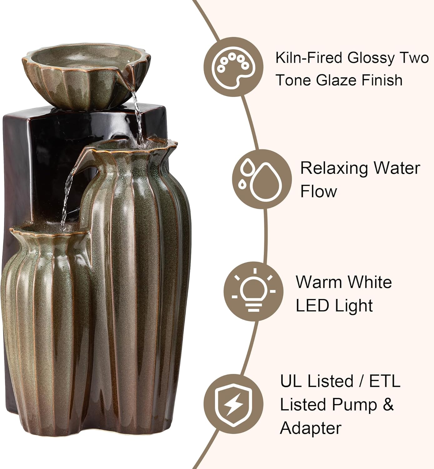 Glitzhome 26.75" H Ceramic Outdoor Water Fountain with LED Lights and Pump, Two Tone Olive Green and Brown Reactive Fluted Texture Cascading Waterfall Floor Standing Fountain for Porch Garden Patio