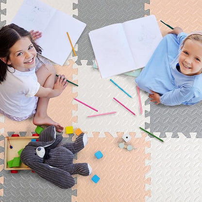 12x12x1 Inch EVA Thick Interlocking Foam Floor Tiles Puzzle Exercise Mat Play Foam Mats for Boys Girls Baby Pets Home Classroom Nursery Gym (Beige, Grey, White)
