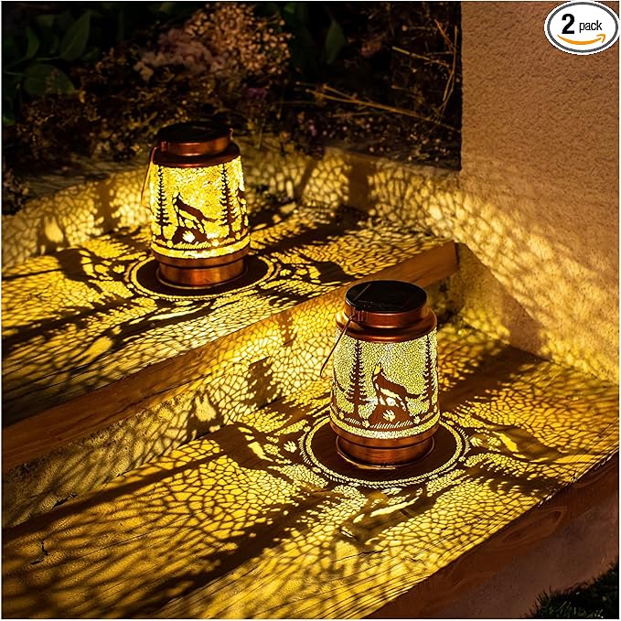 2 Pack Wolf Solar Lanterns Outdoor Waterproof Hanging Lights for Garden Decor, Yard, Patio, Lawn, Tabletop, Pathway, Landscape - Metal Decorative LED Lanterns, Gifts for Women Men