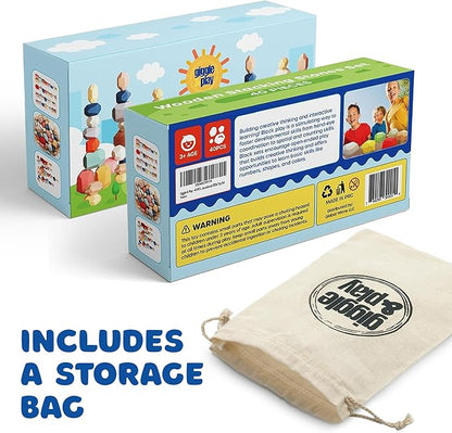 Giggle & Play - 40 Pcs Wooden Stacking Stones Set, Montessori Toys for 3+ Year Old, Stacking Blocks for Fine Motor Skills & Creativity, Multicolor Playset for Toddlers & Kids, Free Storage Bag