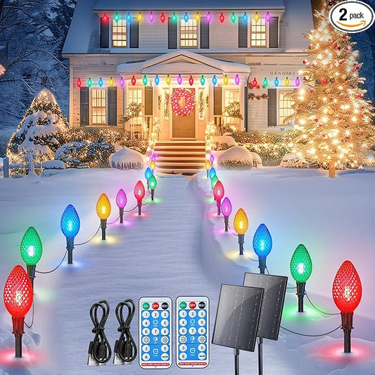 Minetom 2 Pack Solar Double C9 Strawberry Pathway Lights Outdoor - Total 32FT 20 LED C9 Christmas Lights Outdoor with Timer, 8 Modes, Solar Christmas Outside Decorations for Lawn, Multicolor