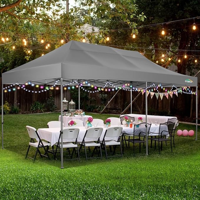 COBIZI 10x20 Heavy Duty Pop up Canopy Tent Easy Up Commercial Outdoor Canopy Wedding Party Tents for Parties All Season Wind & Waterproof Gazebo with Roller Bag,Grey(Frame Thickened)