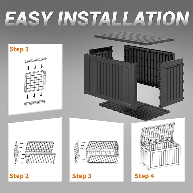 NUNU LAB 230 Gallon Large Resin Deck Box, Waterproof Outdoor Storage Box, Lockable Storage Bin for Patio Furniture, Garden Tools, Pool Accessories, UV-Resistant & All-Weather, Black