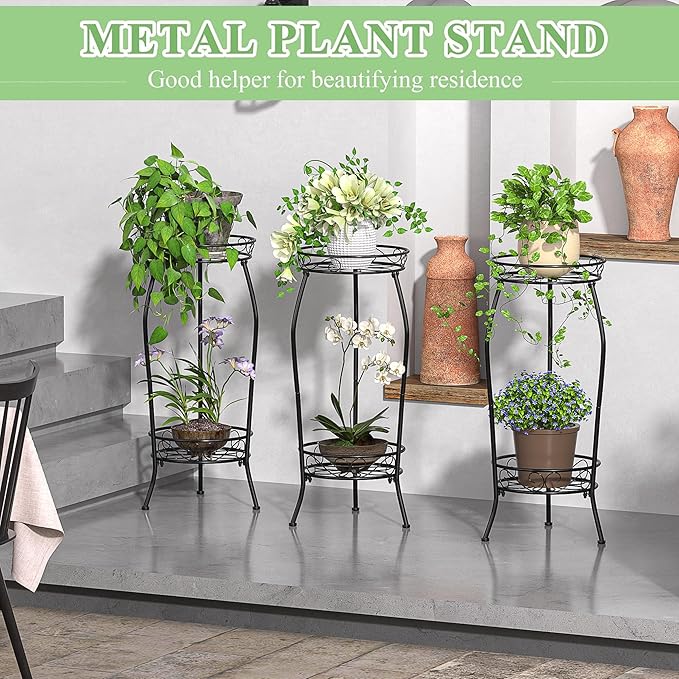 VECELO 2 Tier Metal Outdoor Plant Stand Indoor, Rustproof Stable 19.3” Iron Flower Stand, Decorative Multiple Heavy Duty Plant Holder, Black