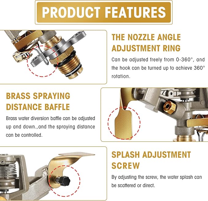 Impact Sprinkler Head Brass Pulsating Sprinkler Lawns Garden Adjustable 360 Degrees Watering Heavy Duty Sprinkler Head with Nozzles for Yard and Grass Irrigation (5 Pieces)