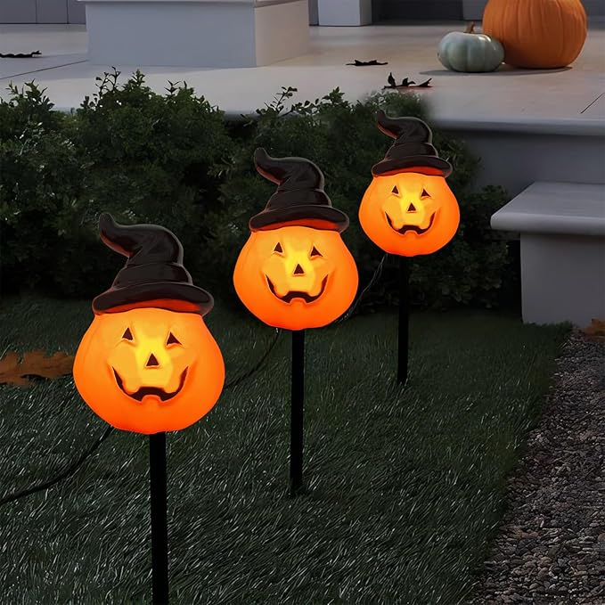 Halloween Decorations Wizard Hat Pumpkin Outdoor String Lights, 4 Pack Halloween Pumpkin Hat Pathway Marker Stake Lights with 4 C7 LED Bulbs for Outdoor Halloween Party Garden Garden Lawn Walkway