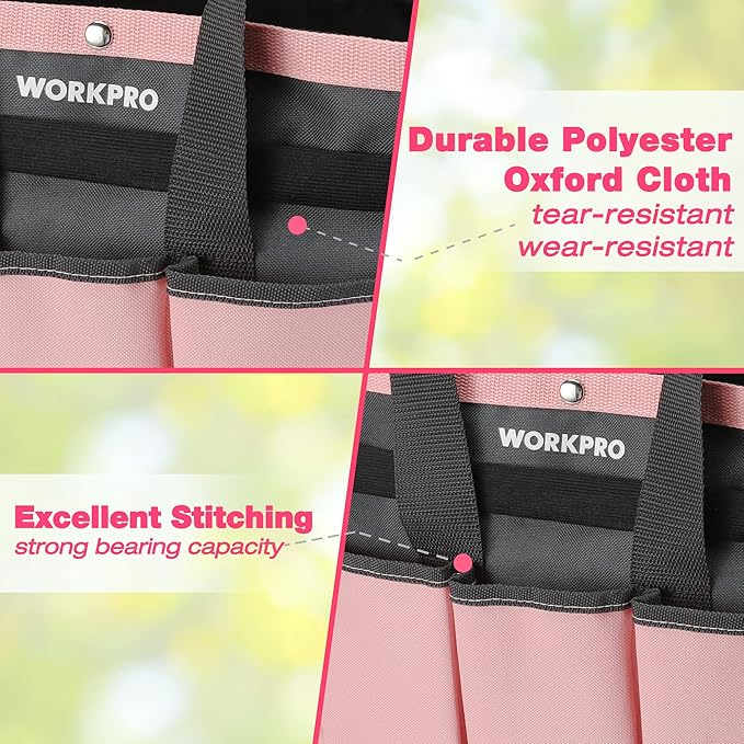 WORKPRO Garden Bag, Garden Tool Tote Storage Bag with 8 Pockets, Home Organizer for Outdoor Gardening Caddy, Garden Tool Kit Holder (Tools NOT Included), Pink Ribbon, Garden Gifts