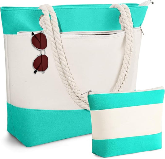 YOOLIFE Beach Bags for Women - Initial Tote Waterproof Bag with Makeup Bag, Mothers Day Gifts for Women Mom Friend Birthday