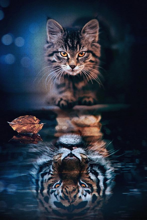 Challenge 1000 Pieces Adult, Tiger Cat Wooden Puzzle, Challenging Brain Puzzle Game Relaxing Pastime Recreational Activity Jigsaw Size: 29.5 X 19.7 in and 1:1 Original Picture Poster