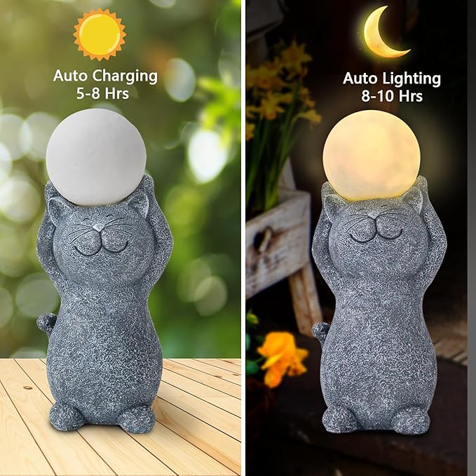 Solar Garden Decor Cat Moon Outdoor Statue and Figurine Lights, Outdoor Patio Sculpture Decor LED Lights Gifts for Mom or Daughter, Garden Statues Birthday Gifts for Women Home and Yard