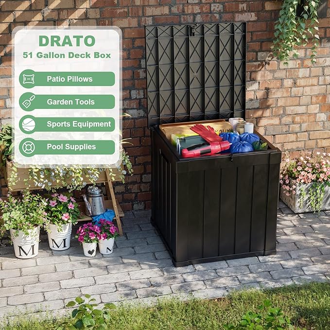 DRATO 50 Gallon Deck Box, Outdoor Storage Box for Patio Cushion, Sports Equipment, Garden Tools,Waterproof Patio Storage box, Lockable (Black)
