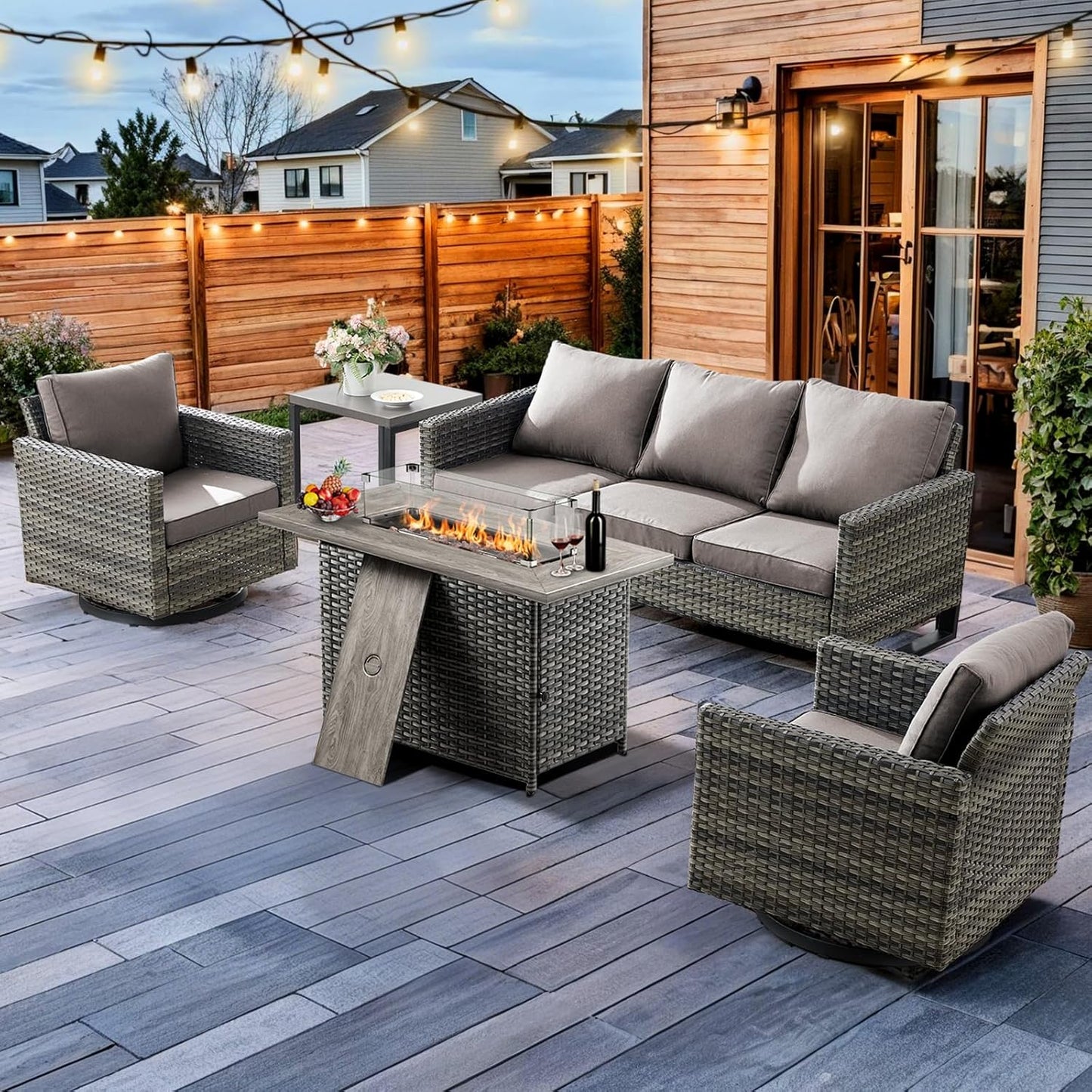 HUMMUH Patio Furniture Set with Fire Pit Table 41 in 55,000 BTU,5 Piece Wicker Outdoor Conversation Sets -Sturdy Outdoor Swivel Rocker Chairs Patio Sofa for Porch,Garden,Backyard