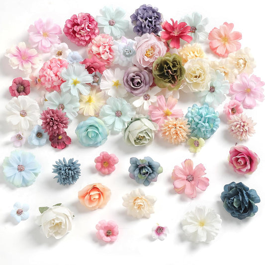 Faux Flower Heads Mini Charming Color Artificial Flower Heads Fake Peony Daisy Rose Flowers Multicolor Small Silk Daisy Flower Heads for Craft Garland Wedding Party DIY Home Decoration
