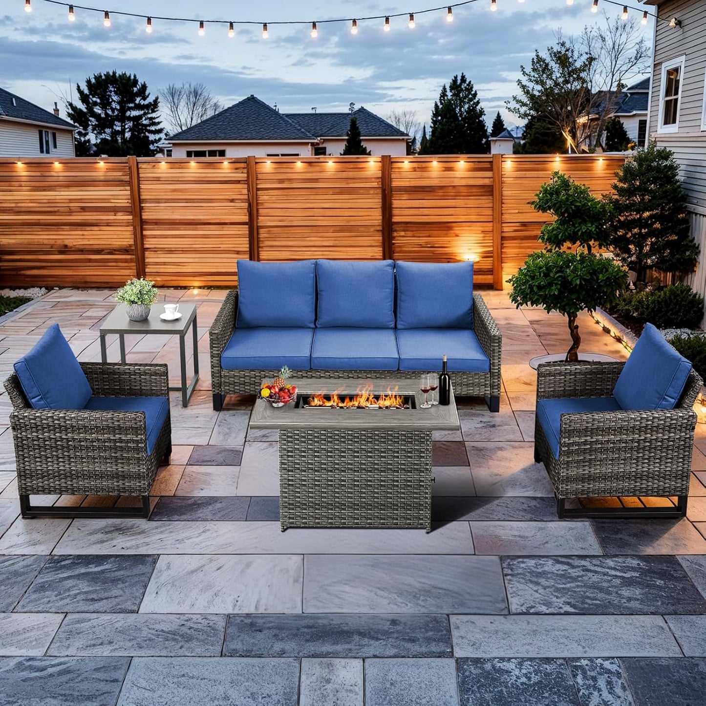 HUMMUH 5 Piece Outdoor Furniture Set with Fire Pit Table 41in 55,000 BTU,Wicker Outdoor Conversation Sets -Patio Chairs Set of 2 Patio Sofa for Porch,Garden,Backyard