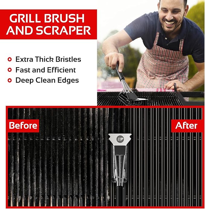 KITCHEN PERFECTION Safe Wire Grill Brush for Outdoor Grill w/Grill Scraper & Grill Mat Grill Cleaning Kit -Extended Handle BBQ Brush for Effortless Grill Cleaning Grill Cleaner Brush Barbecue Tools