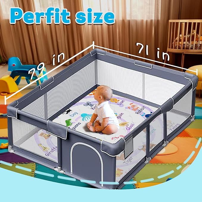 Baby Play Mat，Thick Soft 71" X 79" Playpen mat, Non-Slip and Machine Washable Baby Play Mats for Floor，Crawling Mat for Babies, Toddlers & Infants to Play and Learn (Purple Animal)