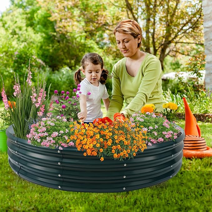 Galvanized Raised Garden Beds for Gardening - 4x4x1ft Round Metal Planter Boxes Above Ground Outdoor for Vegetables,Flowers,Herbs, Garden Container Green