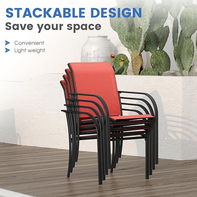 VICLLAX Patio Dining Set for 4, Outdoor Furniture Set Includes 1 Square Patio Table and 4 Stacking Patio Sling Chairs, Black Tabletop and Red Fabric
