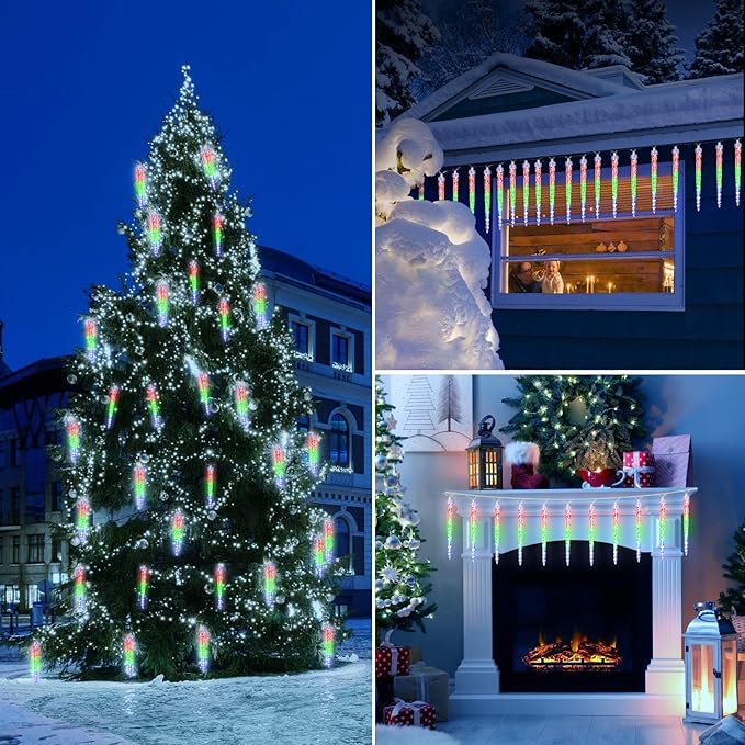 Icicle Lights Outdoor, 10 Ft Meteor Shower Lights with 10 Ice Shaped Tube, Snowfall Shooting Star Light Effect, Falling Crystal Christmas Decorations for House Eave Roofline Patio, Multicolor