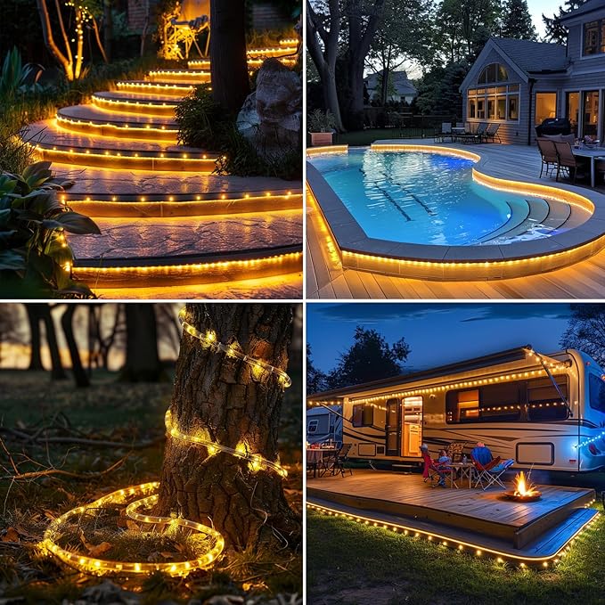 Solar Rope Lights Waterproof 39FT 100LEDs,High Capacity Rechargeable Battery,Dual Charging,Outdoor String Light,Remote-Control,for Pathway Patio Garden Palm Tree Christmas (Brighter - Warm White)