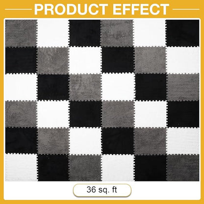 36 Pcs Plush Interlocking Carpet Tiles, Non-Toxic Foam Carpet Tiles for Toddler Baby, Machine-Washable, Anti-Slip, EVA Foam Interlocking Tiles for Floor, Nursery, Playroom, Grey White Black