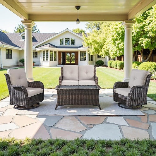 4 Piece Patio Furniture Set - Outdoor Glider Bench with Swivel Rocker Chairs and Coffee Table, High Back Small Outdoor Conversation Furniture Sets for Deck Sunroom Balcony Backyard