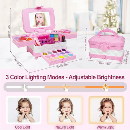60 in 1 Kids Makeup Kit, with 3-Color Led Makeup Mirror Real Washable Kids Makeup Sets for Girls 5-8, Perfect Girl Birthday Gift, Age 3+