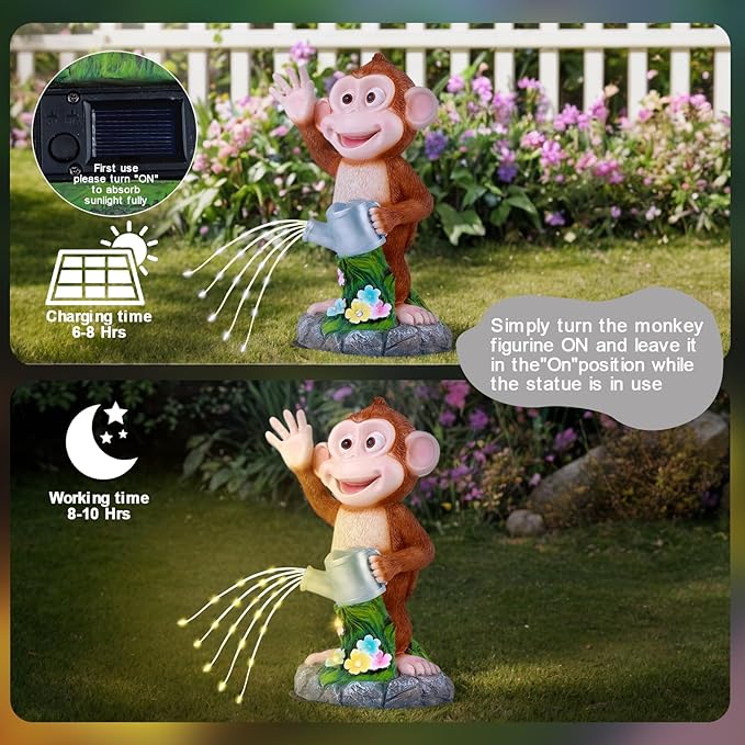 Monkey Statue Solar Garden Decor, Animal Figurine Lights, Birthday Gifts for Kids, Women, Gifts for Mom Grandma Senior Elder, Outdoor Monkey Ornament for Balcony, Garden, Patio, Yard, Lawn