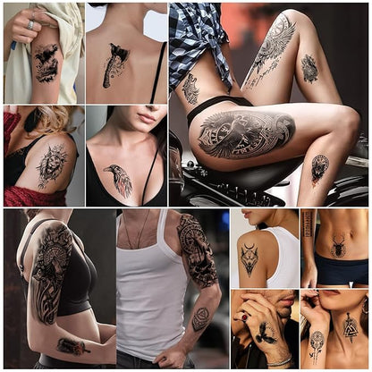 77 Sheets Temporary Tattoo for Women Men, 17 Sheets Half Arm Black Scary Lion Wolf Tiger Skull Skeleton Fake Tattoos, 60 Sheets Ealge Tribal Tiny for Adult Kids Body Tattoos Stickers Realistic