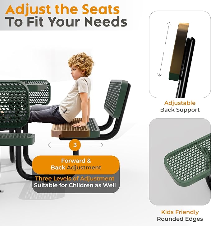 Metal Picnic Tables for Outdoors with Umbrella Hole - Coated Steel Heavy Duty Commercial Grade Table with Adjustable Seats (Green, 46 in, Square with Back, Expanded Steel)