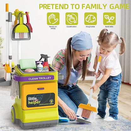 Kids Cleaning Set for Toddlers, Detachable 20 Pcs Pretend Play Set, Educational Toddler Cleaning Carts Includes Real Working Vacuum Cleaner, Broom, Spray Bottle and More(Green)