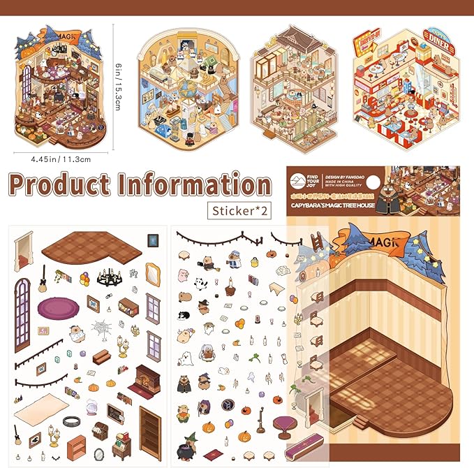 Girls 3D Miniature Scene Stickers, 4 Sets World Travel DIY House Stickers for Museun, Hotel, Magic House, Drive-In Restaurant, Cute 3D Cartoon Sticker Scenes for Adult Kids Relief Stress Pass The Time