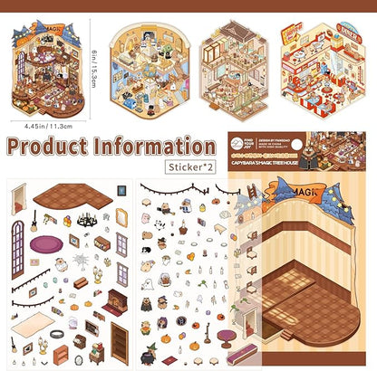 Girls 3D Miniature Scene Stickers, 4 Sets World Travel DIY House Stickers for Museun, Hotel, Magic House, Drive-In Restaurant, Cute 3D Cartoon Sticker Scenes for Adult Kids Relief Stress Pass The Time