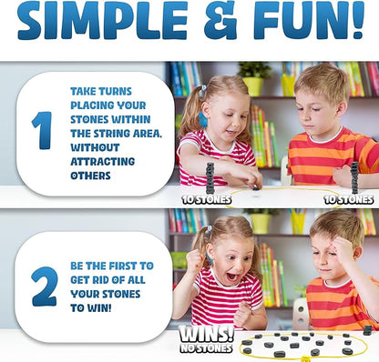 Upgraded (Multi-Level) Magnet Chess Game with String & Stones - Clear & Simple Instructions | Premium Set with 20 Larger & Stronger Stones, Adjustable Rope, 2 Dice & Travel Pouch | for Kids & Adults