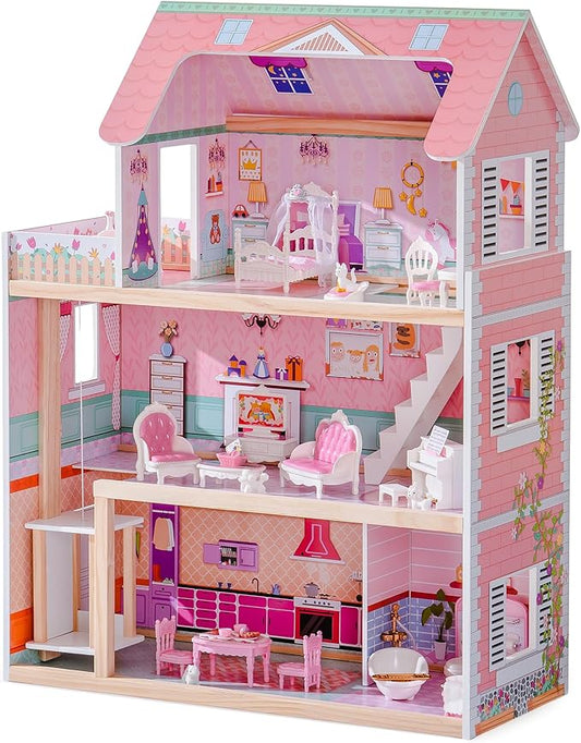 ROBUD Wooden Dollhouse, Doll House Playset with 24-pcs Exquisite Accessories, Working Elevator, Gift for Ages 3+