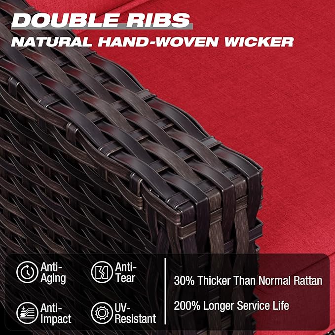 Joyside Wicker Patio Furniture Sets, 7 Pieces Upgraded Large Size Outdoor Furniture with Swivel Rocking Patio Chairs, 3-Seat Sofa, Outdoor Ottoman and Coffee Table, Thick Cushions, Wide Armrest