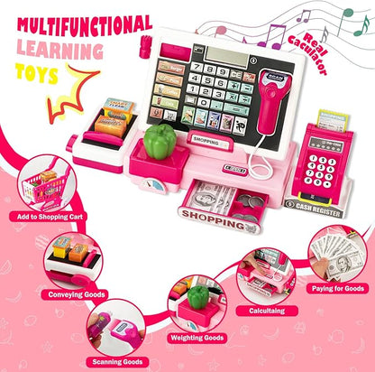 Kids Cash Register Toy with Shopping Cart Toddler Pretend Play Store Cashier Register for Kids with Music / Real Calculator / Scanner Learning Toys for Girls Birthday Gift for 3-8 Year Old Girl